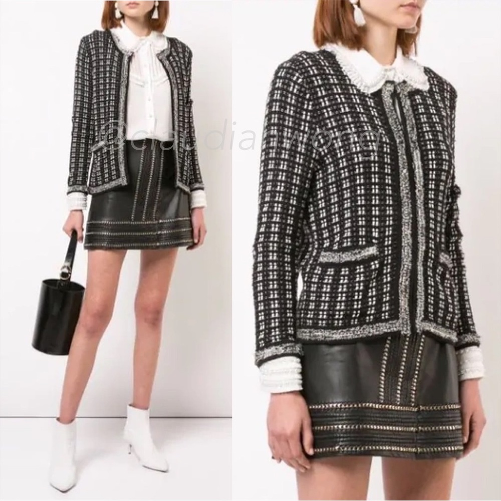 ALICE + OLIVIA Chain Embellished Tweed Knit Cardigan Jacket in Black
